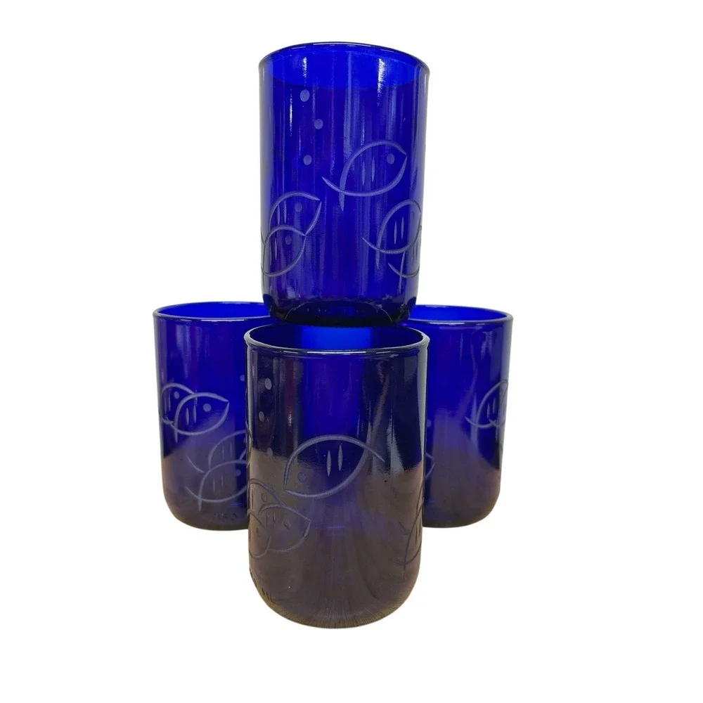 Rolf‎ Glass Blue Fish Twice Around 14 oz Recycled Glass Tumbler Set of 4 US Made